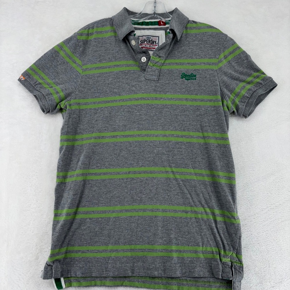 Superdry Japan Spirit Mens Large Polo Shirt Gray Green Striped Short Sleeve L